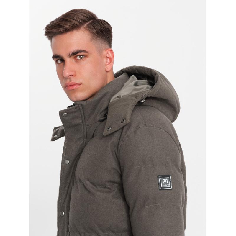 Pánská dlouhá teplá bunda parka s vlnou - tmavě šedá melanž V4