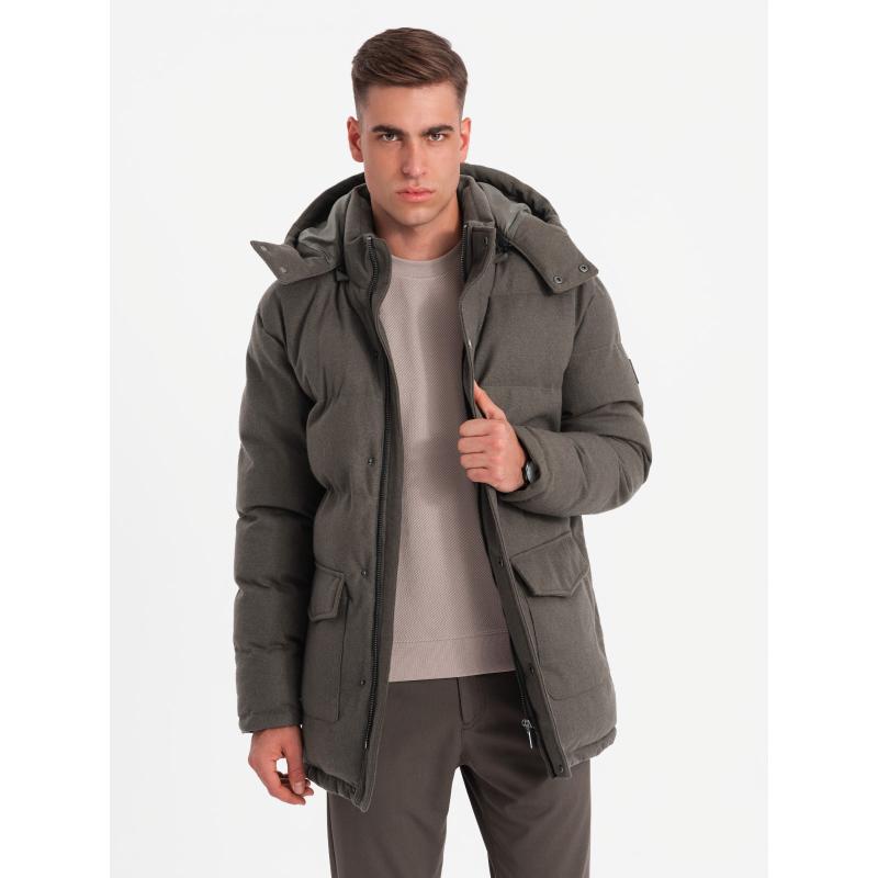 Pánská dlouhá teplá bunda parka s vlnou - tmavě šedá melanž V4