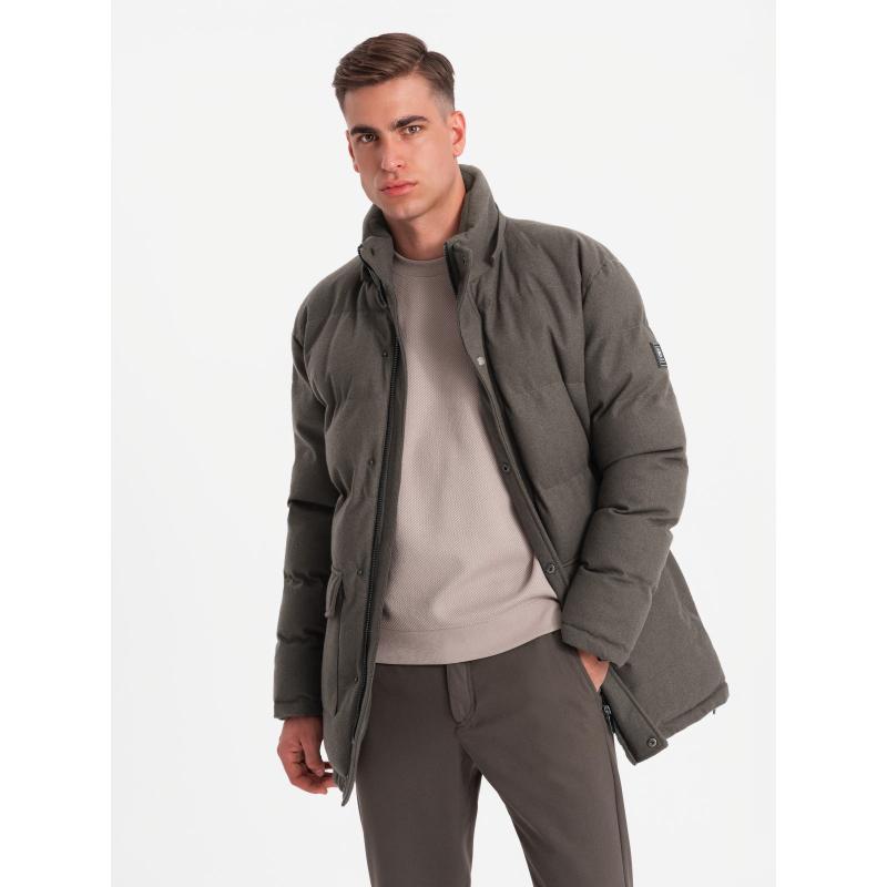 Pánská dlouhá teplá bunda parka s vlnou - tmavě šedá melanž V4