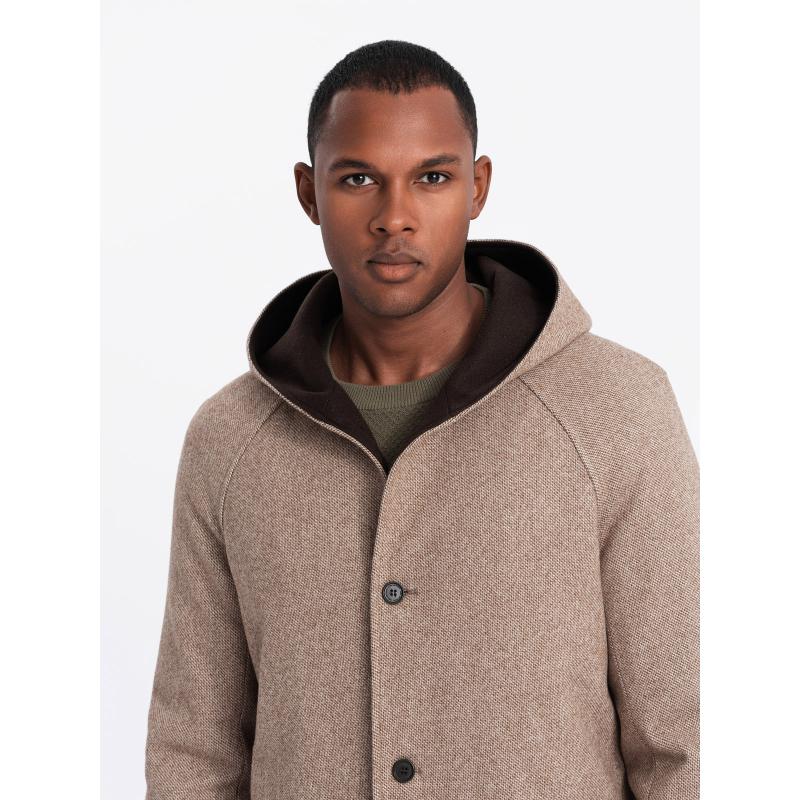 Pánský melanžový dlouhý kabát s kapucí - šedý V1