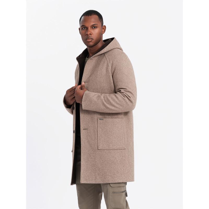 Pánský melanžový dlouhý kabát s kapucí - šedý V1