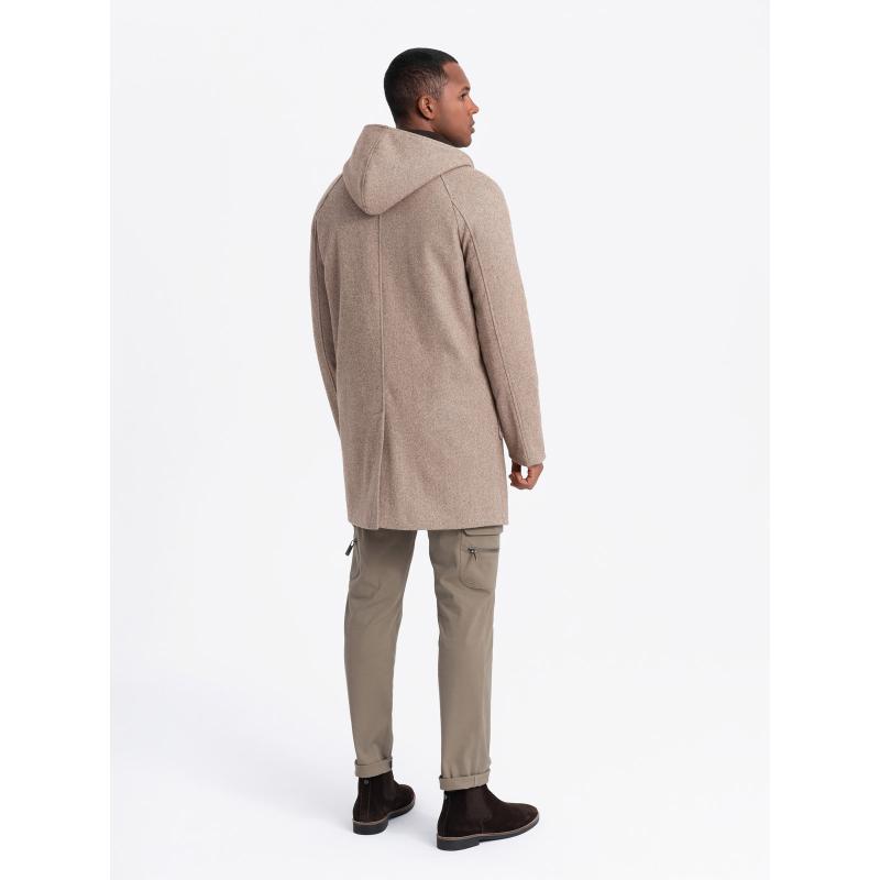 Pánský melanžový dlouhý kabát s kapucí - šedý V1
