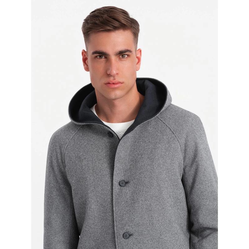 Férfi melange hosszú kabát kapucnival - bézs V2