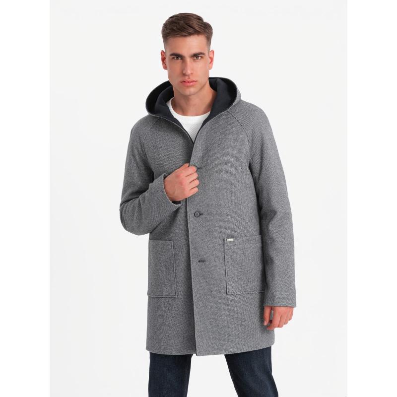 Férfi melange hosszú kabát kapucnival - bézs V2