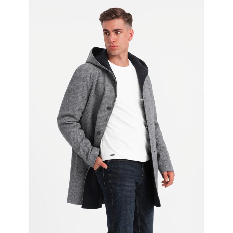 Férfi melange hosszú kabát kapucnival - bézs V2