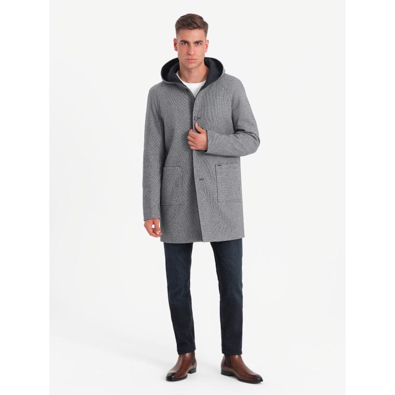 Férfi melange hosszú kabát kapucnival - bézs V2