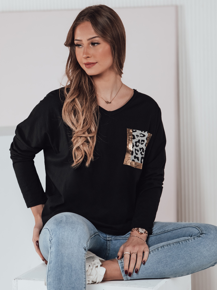 Dámská oversized halenka s véčkovým výstřihem a potiskem, černá