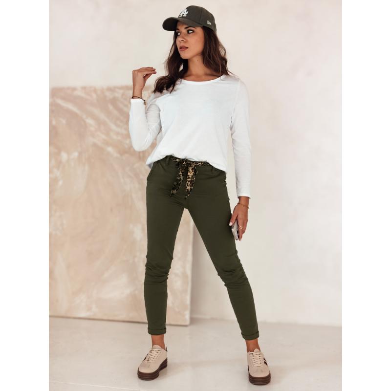 Dámske džínsové nohavice CHARMYOU s opaskom olivovo zelené