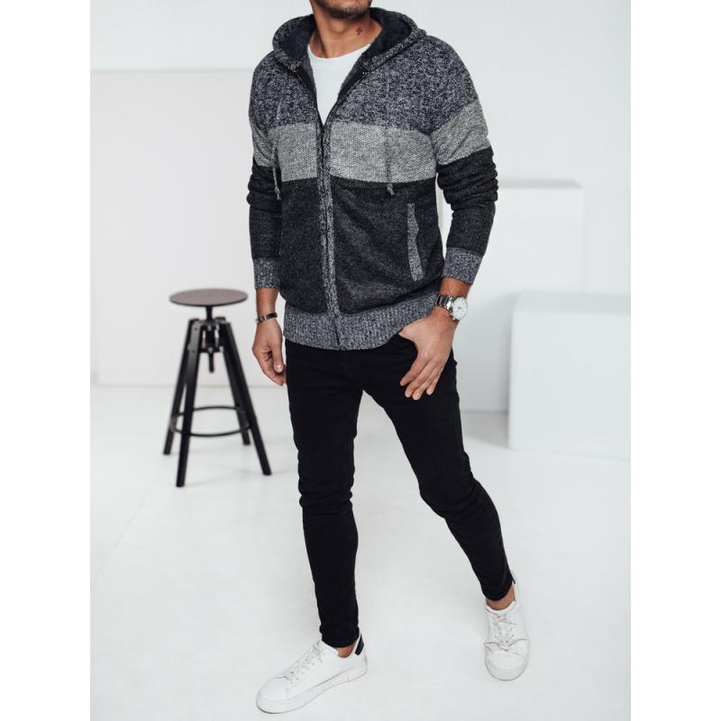 Pánský zateplený svetr s kapucí šedý
