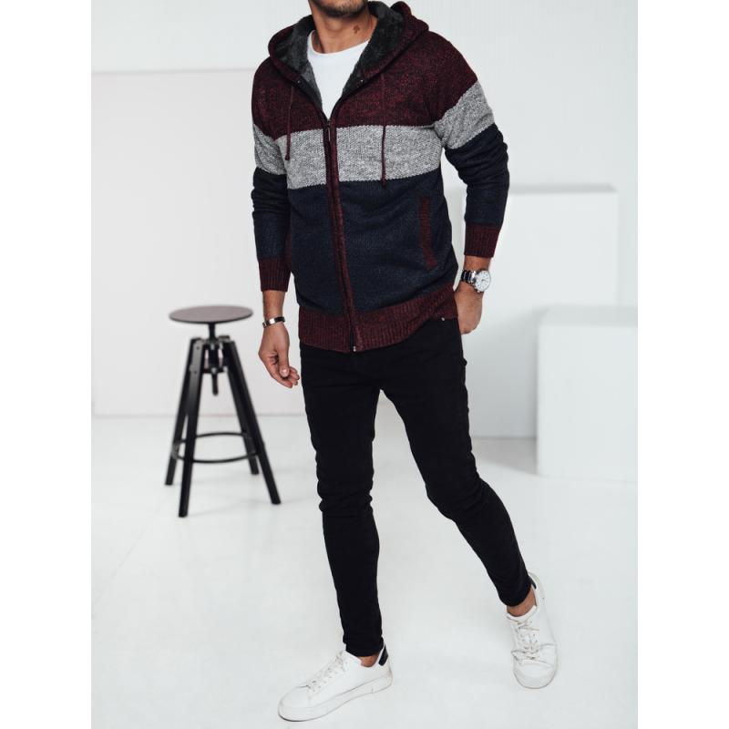 Pánský zateplený svetr s kapucí vínový