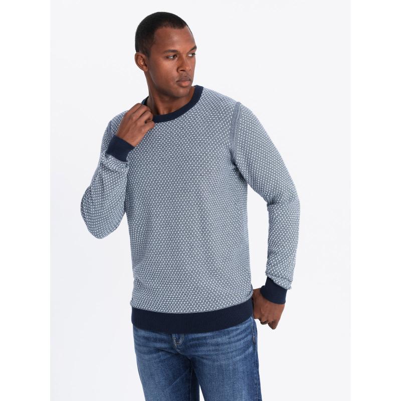 Pánský svetr RELAXED FIT se vzory – tmavě modrý V1 OM-SWSW-0111