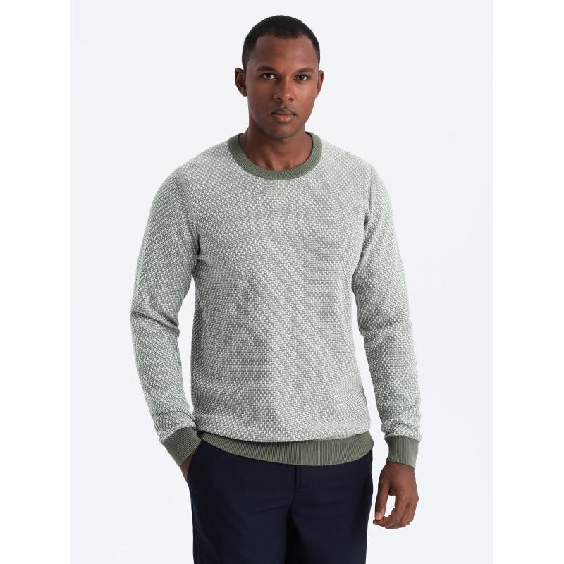Pánský svetr RELAXED FIT se vzory – olivový V2 OM-SWSW-0111
