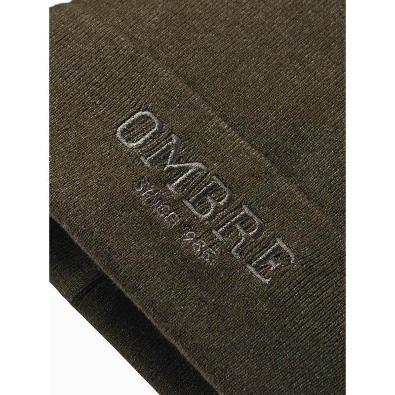 Pánská pletená čepice s vyšívaným nápisem – olivová V5 OM-ACWH-0120