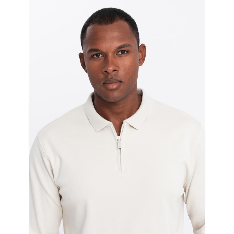 Pánske polo tričko s dlhým rukávom a golierom na zips - biele V1 OM-POLS-0130