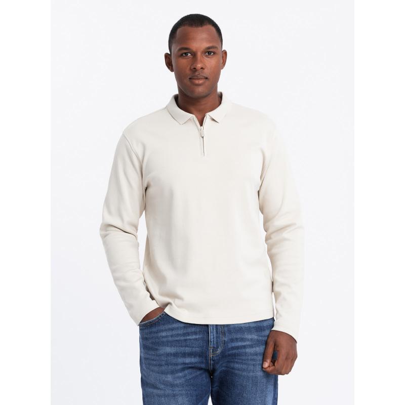 Pánske polo tričko s dlhým rukávom a golierom na zips - biele V1 OM-POLS-0130