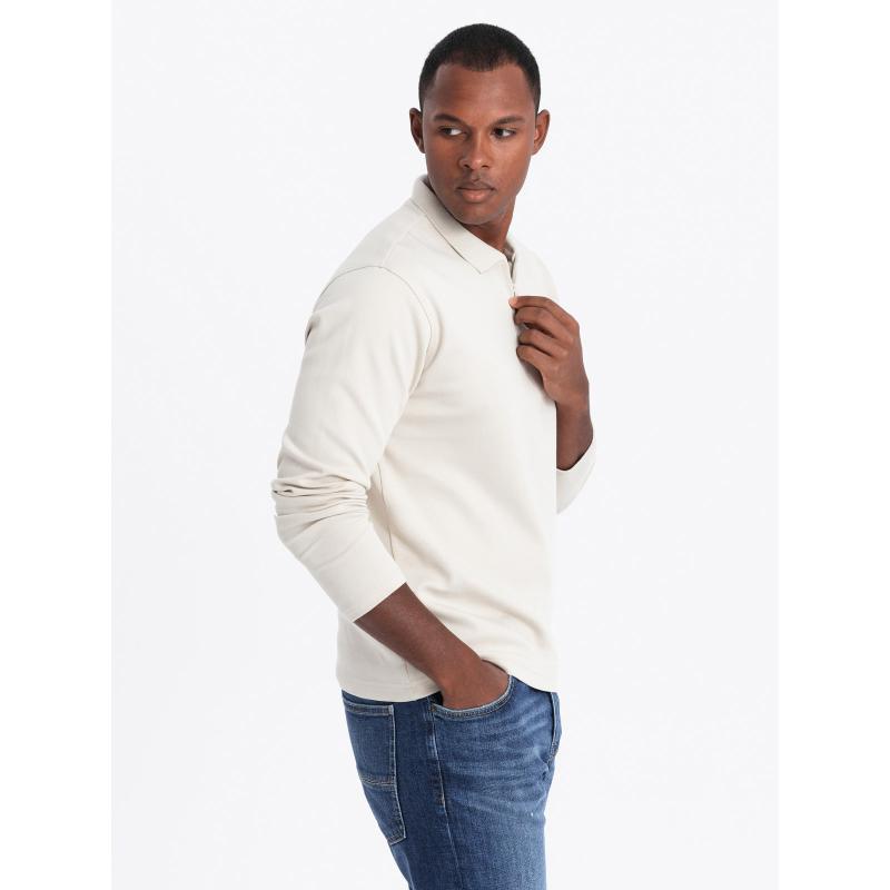 Pánske polo tričko s dlhým rukávom a golierom na zips - biele V1 OM-POLS-0130