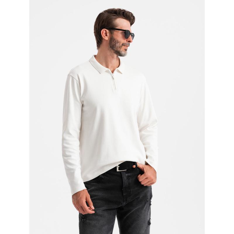 Pánske polo tričko s dlhým rukávom a golierom na zips - biele V1 OM-POLS-0130