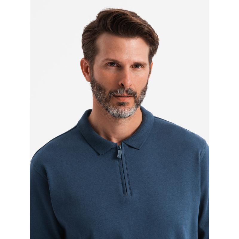 Pánska polokošeľa s dlhým rukávom a golierom na zips - tmavomodrá V7 OM-POLS-0130