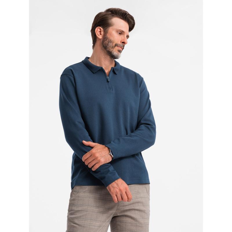 Pánska polokošeľa s dlhým rukávom a golierom na zips - tmavomodrá V7 OM-POLS-0130