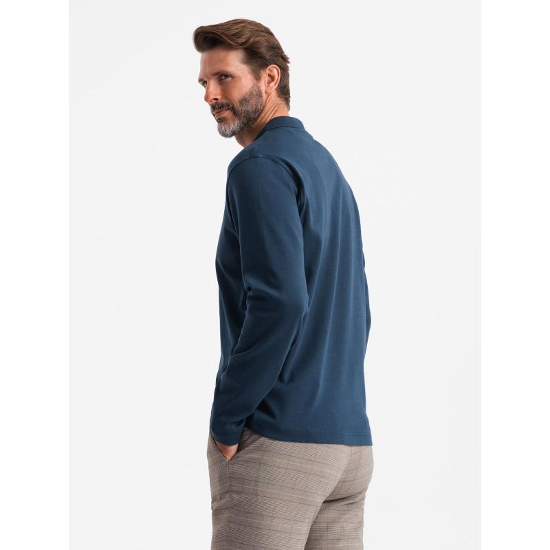 Pánska polokošeľa s dlhým rukávom a golierom na zips - tmavomodrá V7 OM-POLS-0130