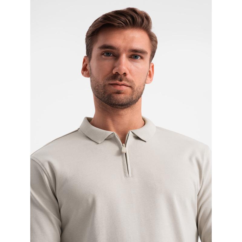 Pánska polokošeľa s dlhým rukávom a golierom na zips - krémová V3 OM-POLS-0130