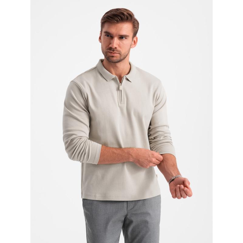 Pánska polokošeľa s dlhým rukávom a golierom na zips - krémová V3 OM-POLS-0130