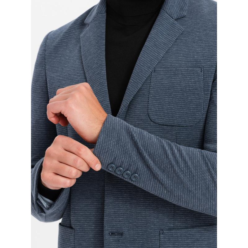 Férfi bélelt kabát kapucnival és magas gallérral - sötétkék V3