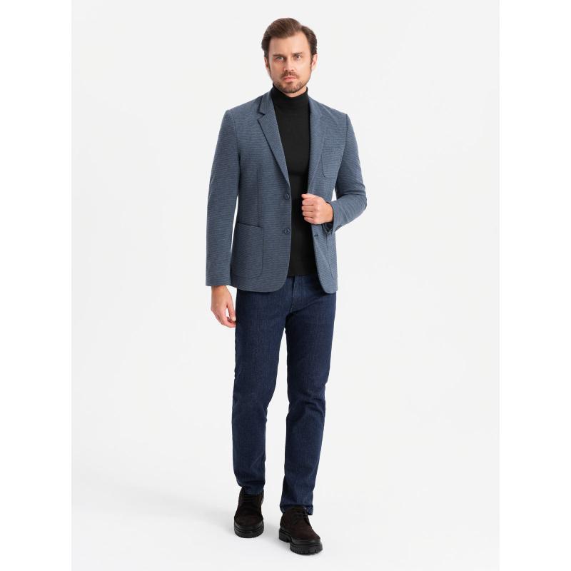 Férfi bélelt kabát kapucnival és magas gallérral - sötétkék V3