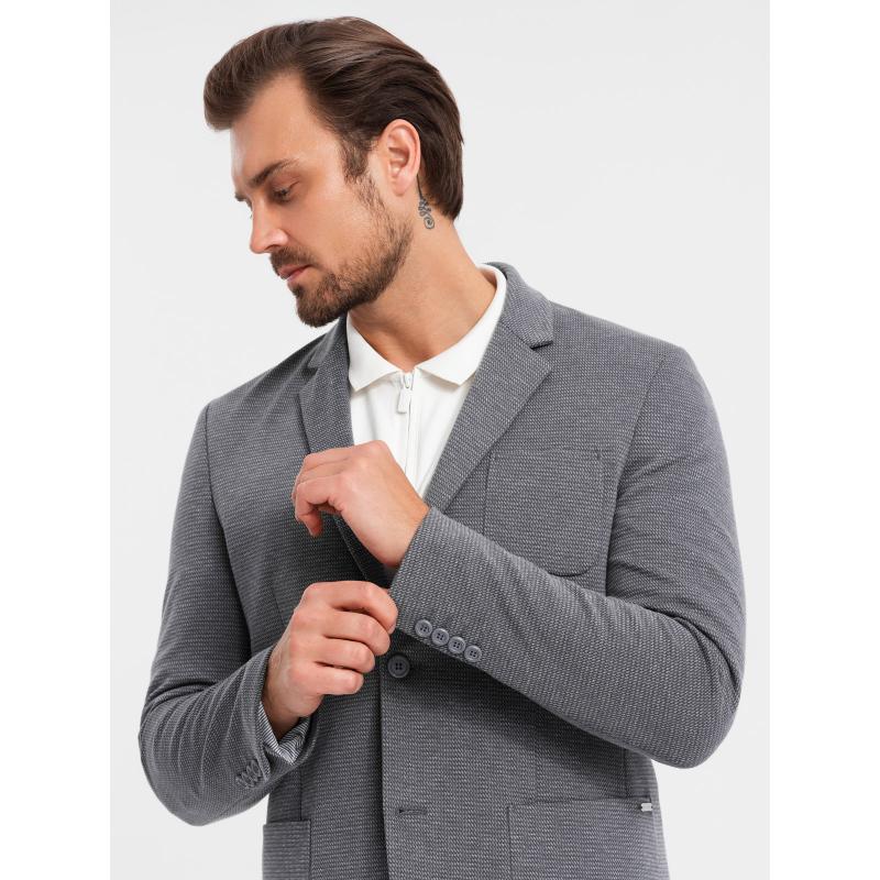 Férfi kabát kapucnival és magas gallérral - sötétkék V3