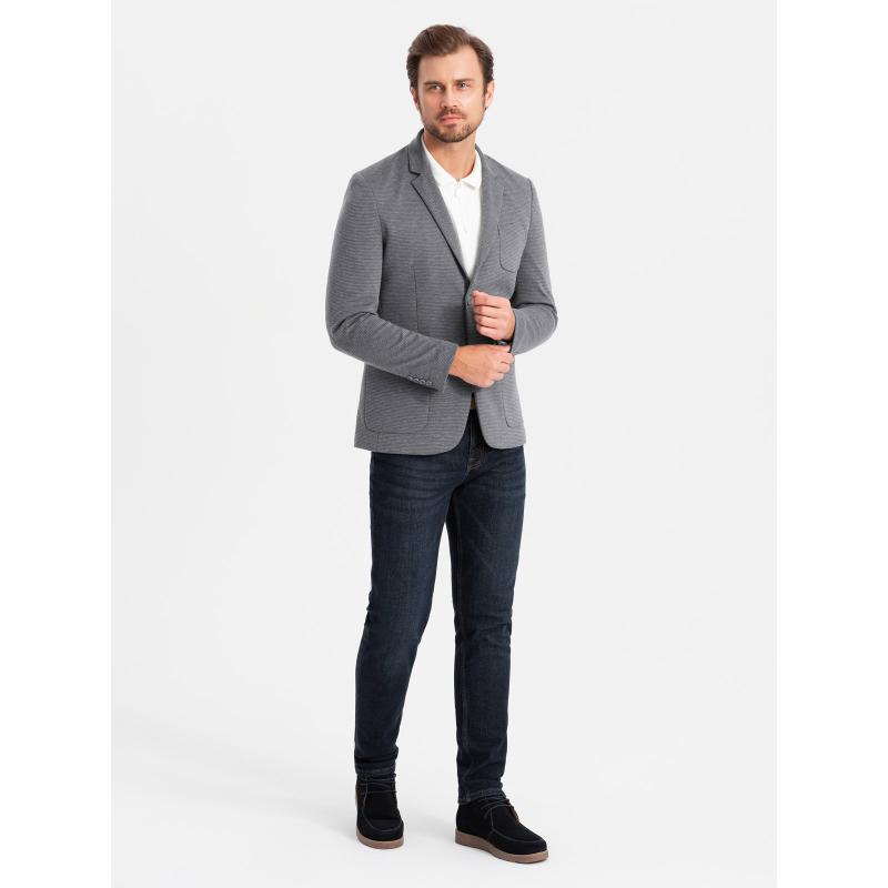 Férfi kabát kapucnival és magas gallérral - sötétkék V3