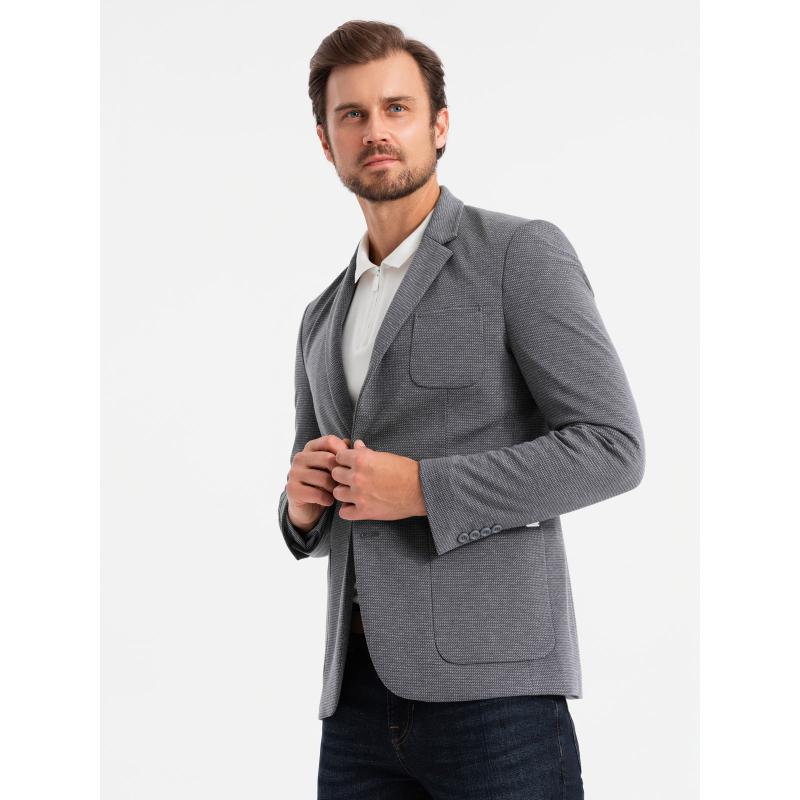 Férfi kabát kapucnival és magas gallérral - sötétkék V3