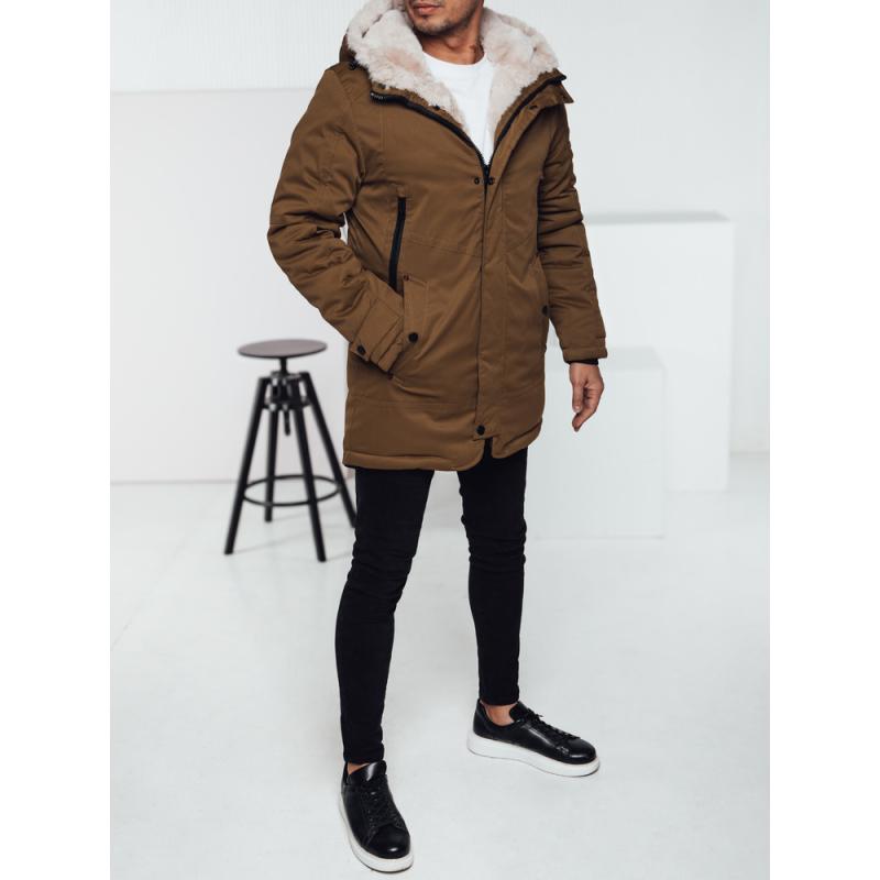 Pánská zimní bunda parka s kapucí tmavě béžová