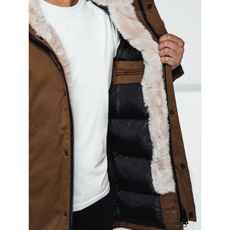 Pánská zimní bunda parka s kapucí tmavě béžová