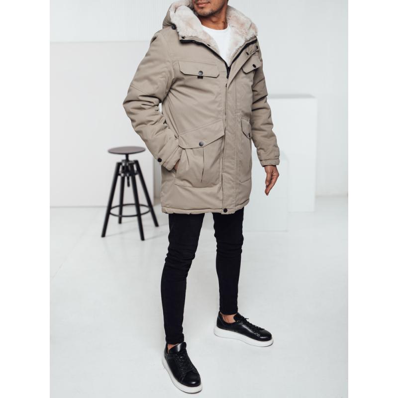 Pánská zimní bunda parka s kapucí tmavě béžová