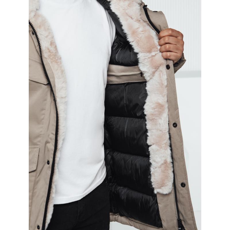 Pánská zimní bunda parka s kapucí tmavě béžová