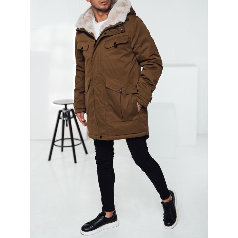 Pánská zimní bunda parka s kapucí tmavě béžová