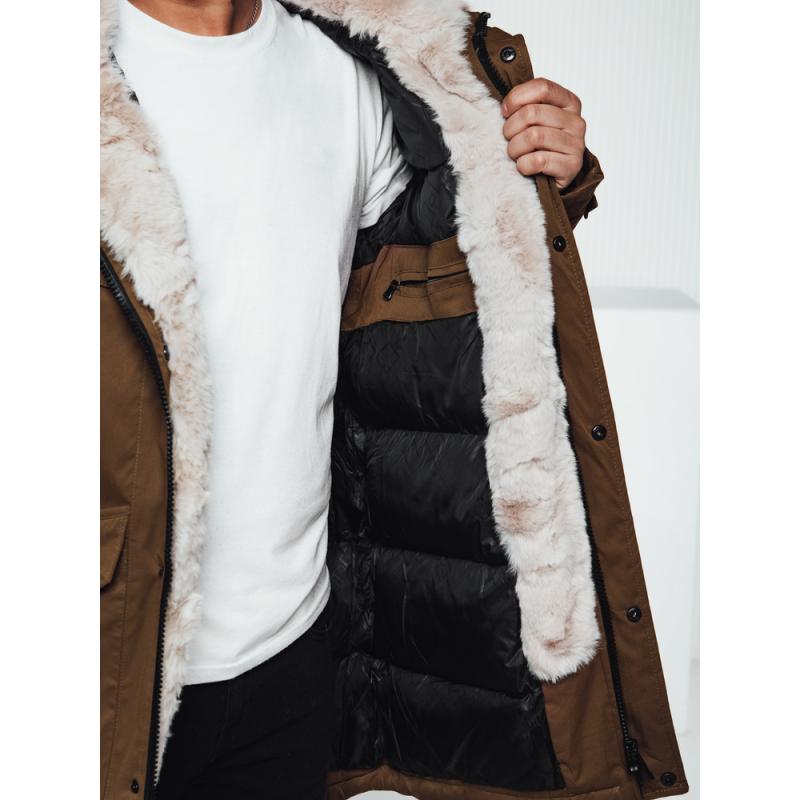 Pánská zimní bunda parka s kapucí tmavě béžová