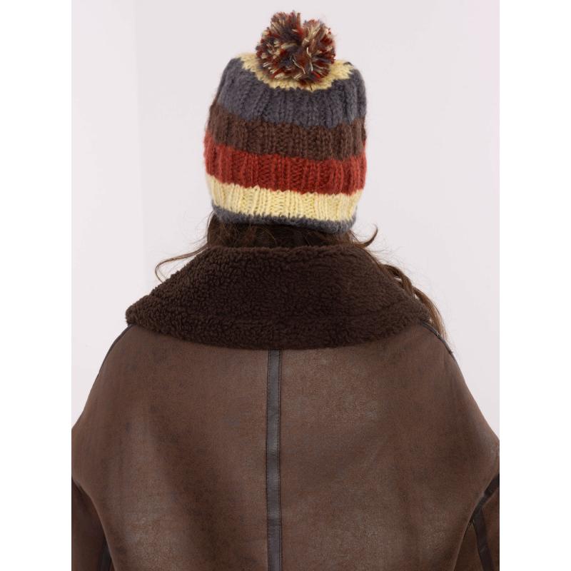 Světle žlutá a grafitově zbarvená dámská čepice s bambulí