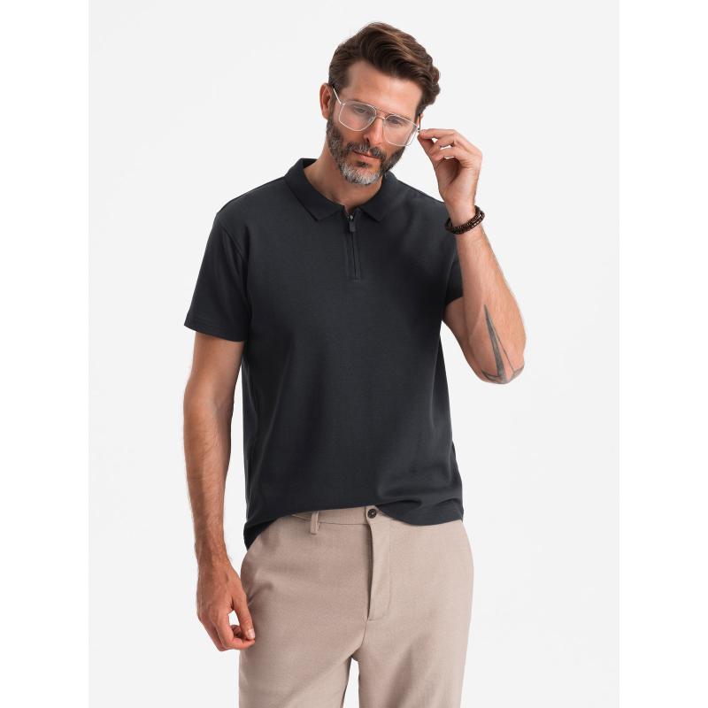 Férfi melange pólóing csíkos gallérral - fekete V1 OM-POSS-0109