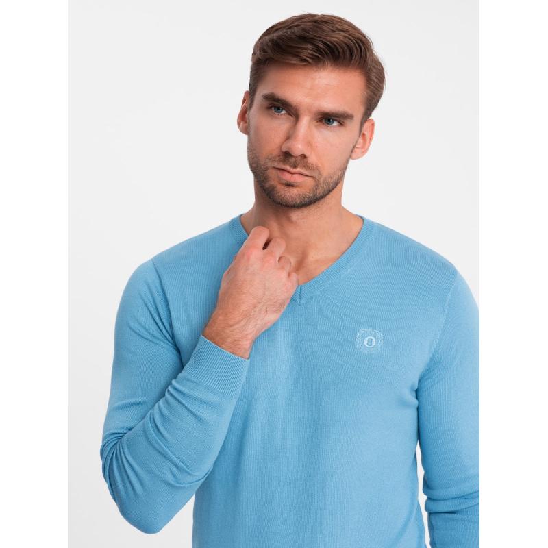 Elegáns férfi V-nyakú pulóver - sötétkék V22