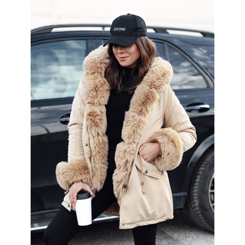 Női téli parka kabát szőrmével CHARMFUR bézs női télikabát