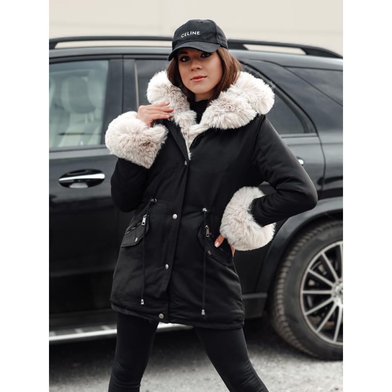 Dámská zimní bunda parka s kožešinou CHARMFUR černá