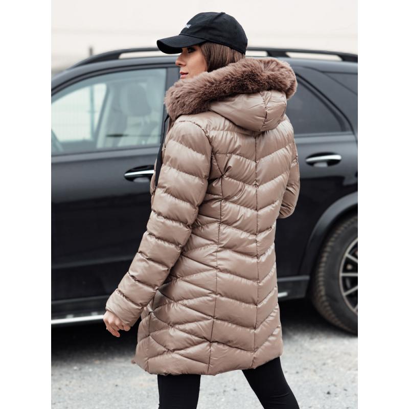 Dámská prošívaná zimní bunda s kapucí CRYSTAL tmavě béžová