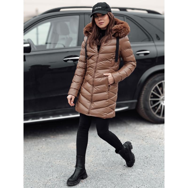Dámská prošívaná zimní bunda s kapucí CRYSTAL hnědá