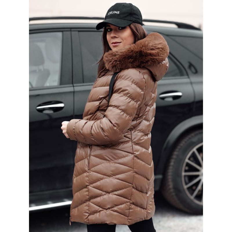 Dámská prošívaná zimní bunda s kapucí CRYSTAL hnědá