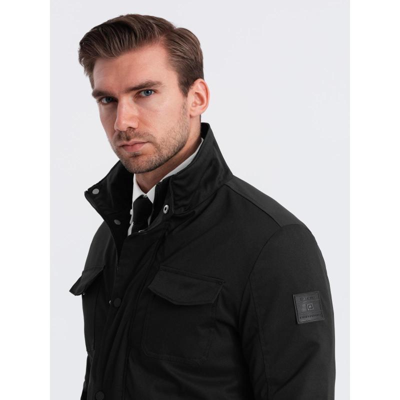 Pánská lehce vyteplená bunda s vysokým límcem a kapsami - černá V1