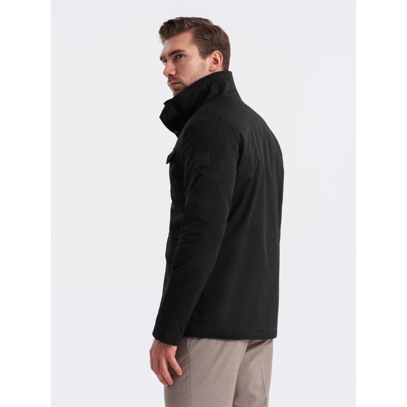 Pánská lehce vyteplená bunda s vysokým límcem a kapsami - černá V1