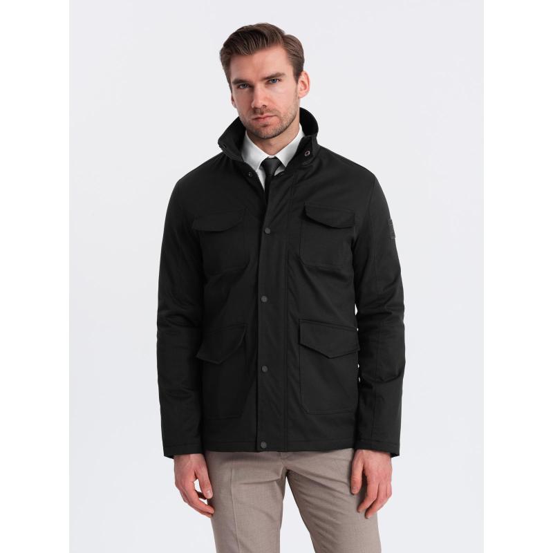 Pánská lehce vyteplená bunda s vysokým límcem a kapsami - černá V1