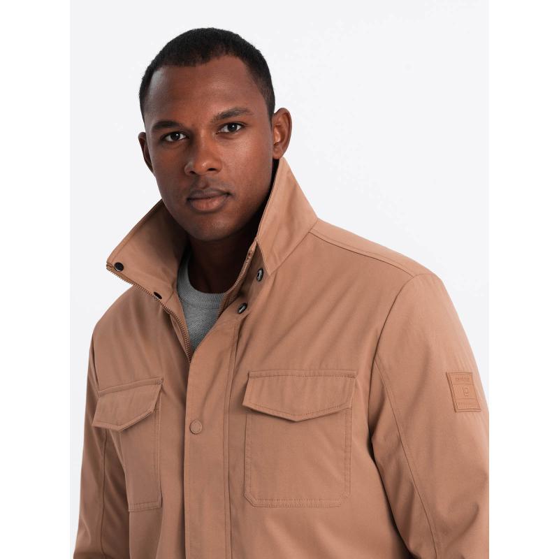 Pánská lehce vyteplená bunda s vysokým límcem a kapsami - hnědá V1