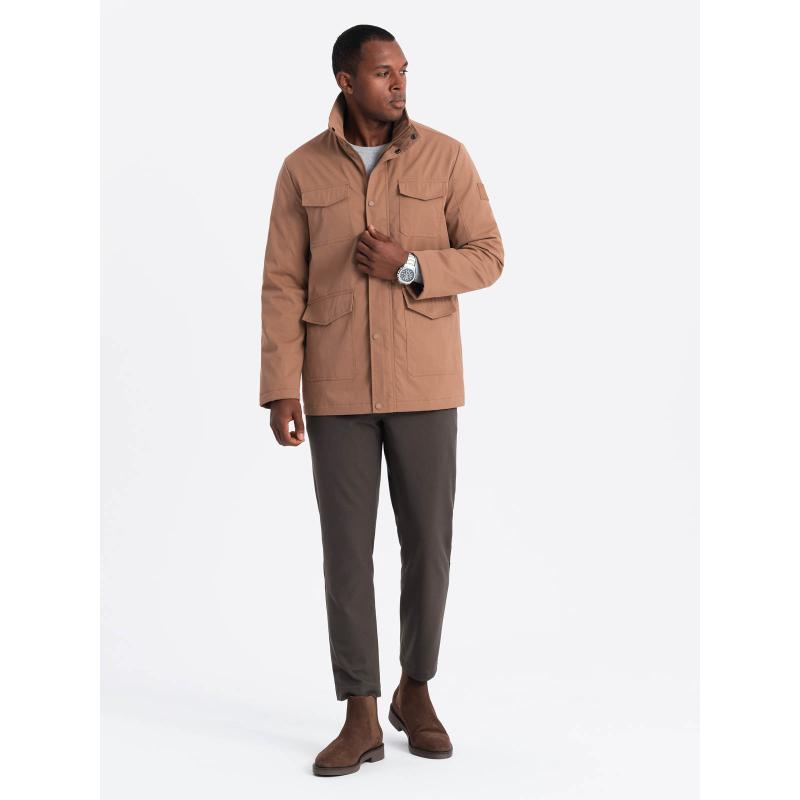 Pánská lehce vyteplená bunda s vysokým límcem a kapsami - hnědá V1